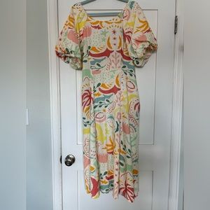 NWT Abstract Palm Print White Linen Midi Dress